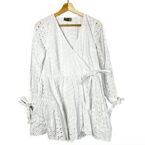 ASOS White Tiered Eyelet Lace Long Sleeve Wrap Trapeze Mini Dress 2